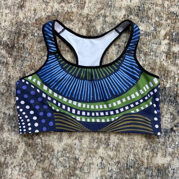 Loony Legs London Printed Sports Bra XL Blue Green Ethno Pop Stretchy Support - Picture 2 of 9